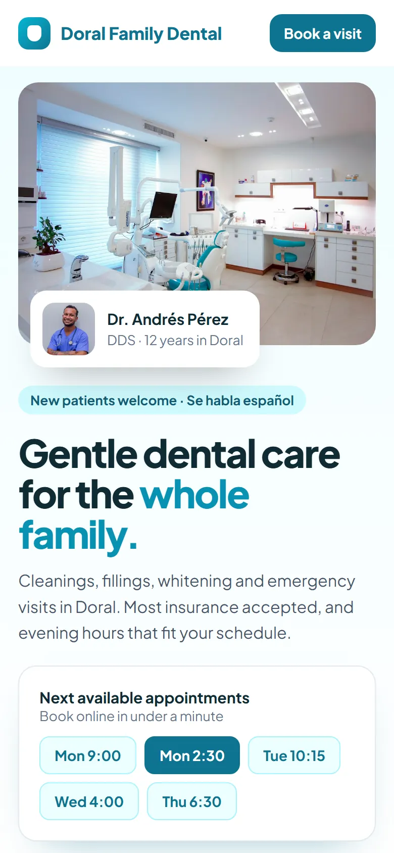 Sample dental practice website on a phone
