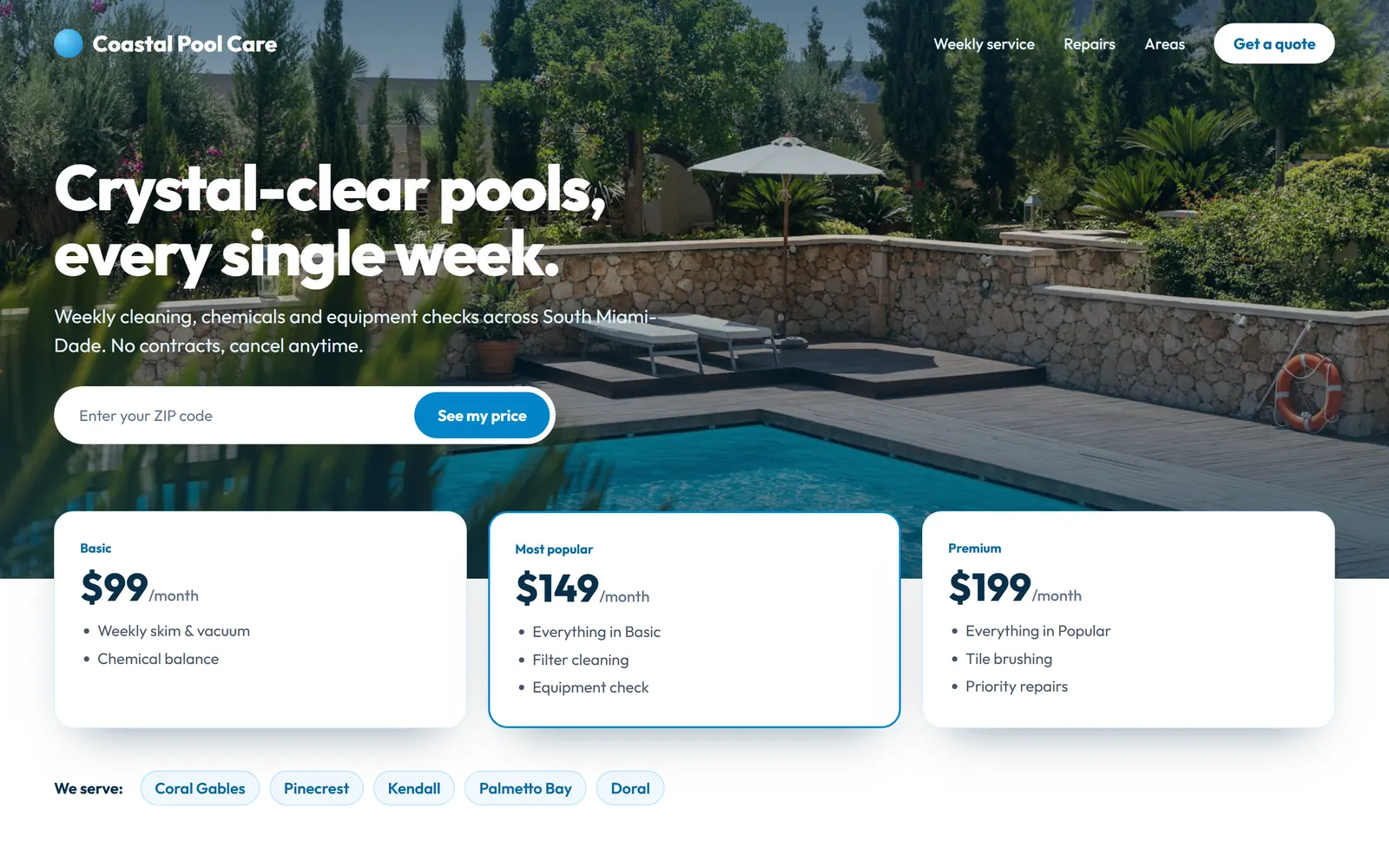Sample pool service website on a computer