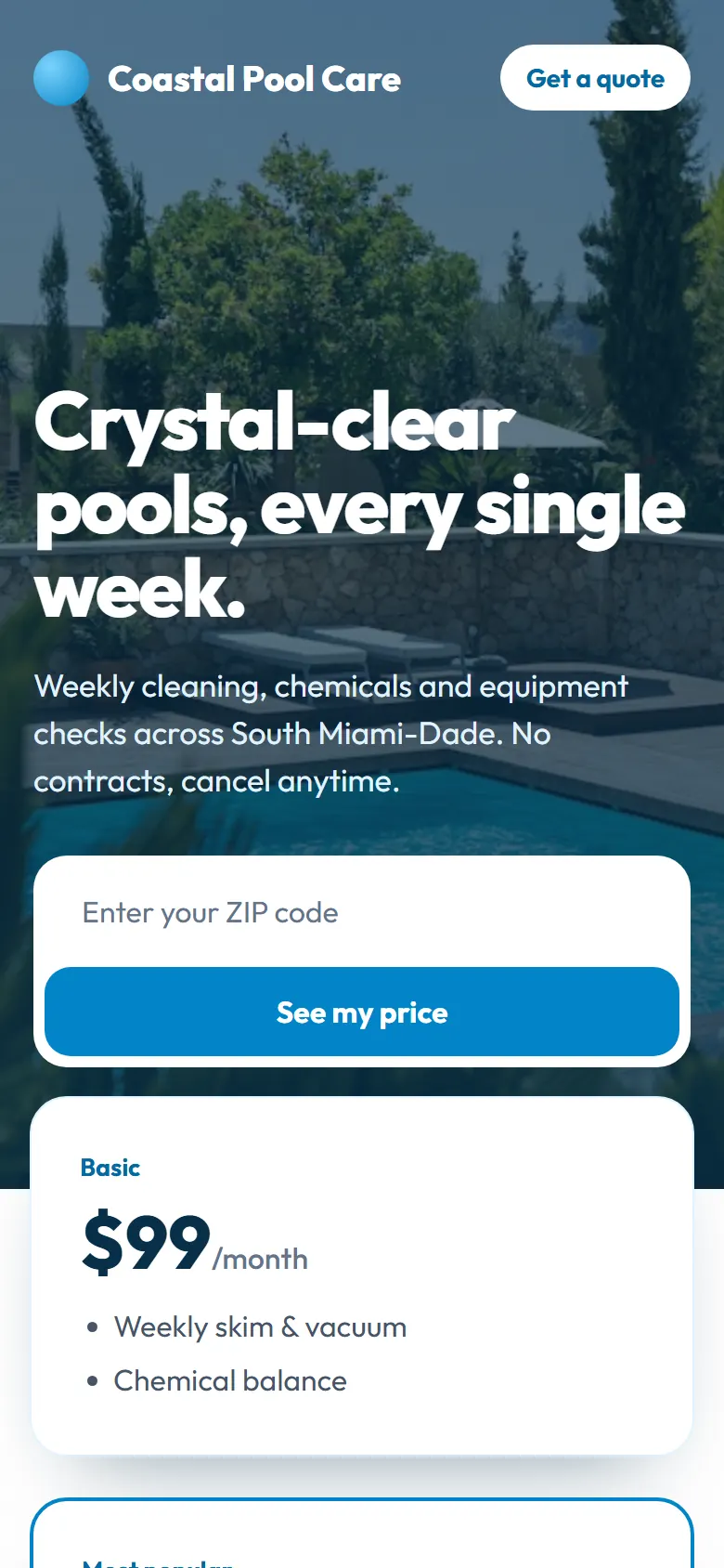 Sample pool service website on a phone