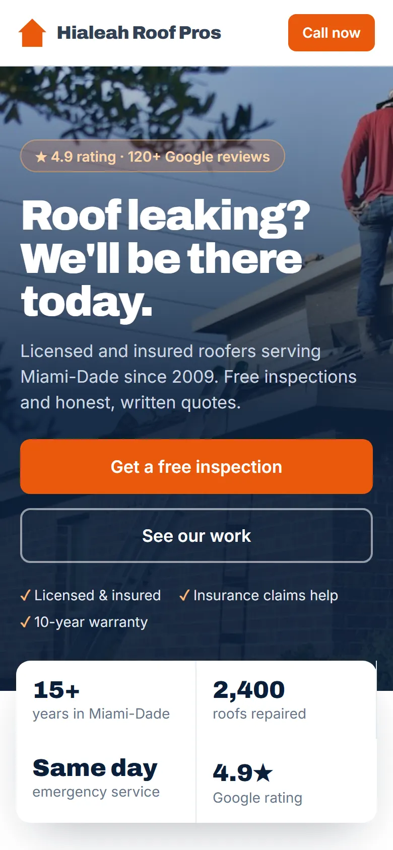 Sample roofing company website on a phone